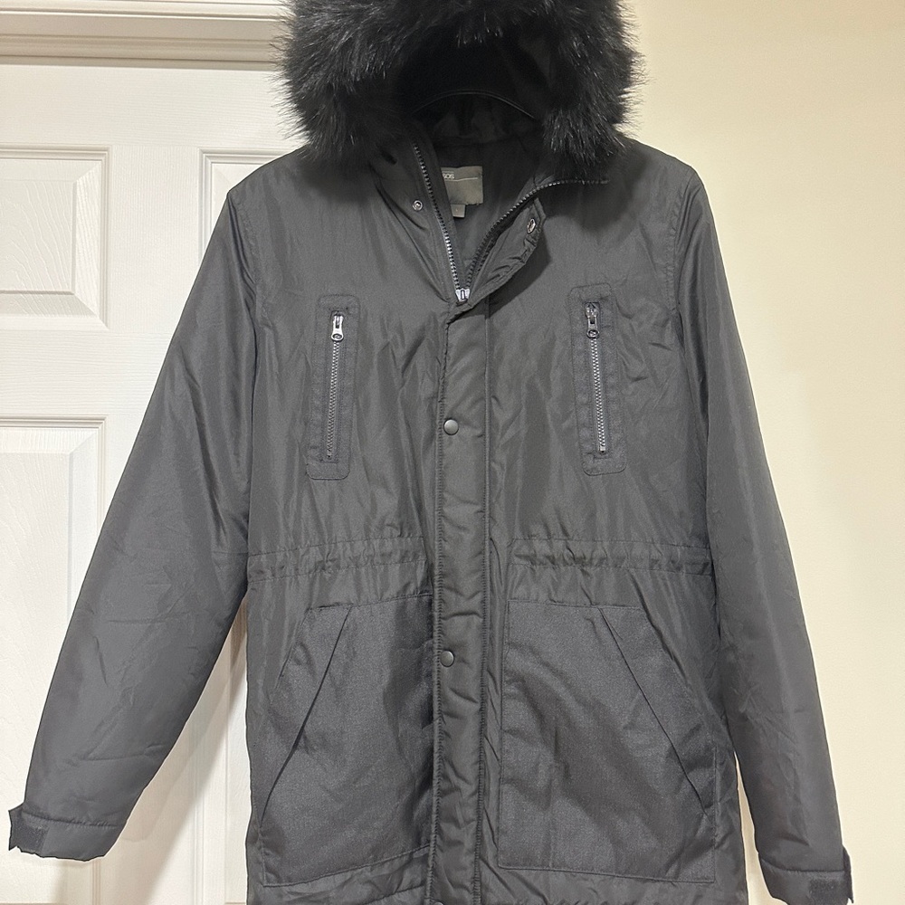 Men's Black Parka with Faux Fur Hood